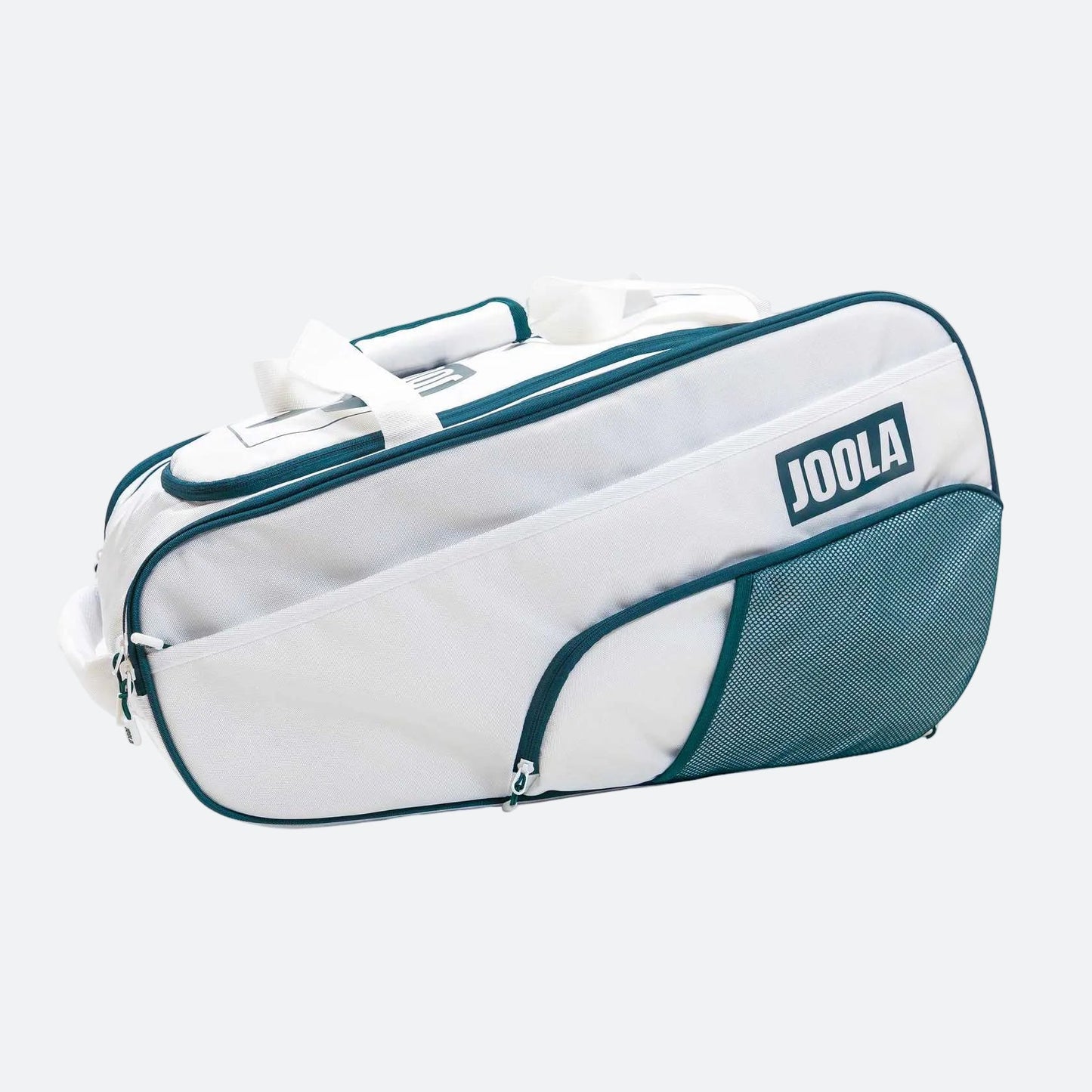 White background, photo of a JOOLA Tour Elite Pro Pickleball Bag, White and Green.