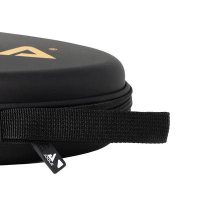 Close up on the handle and zipper detail on the JOOLA TT case, black with gold JOOLA logo.