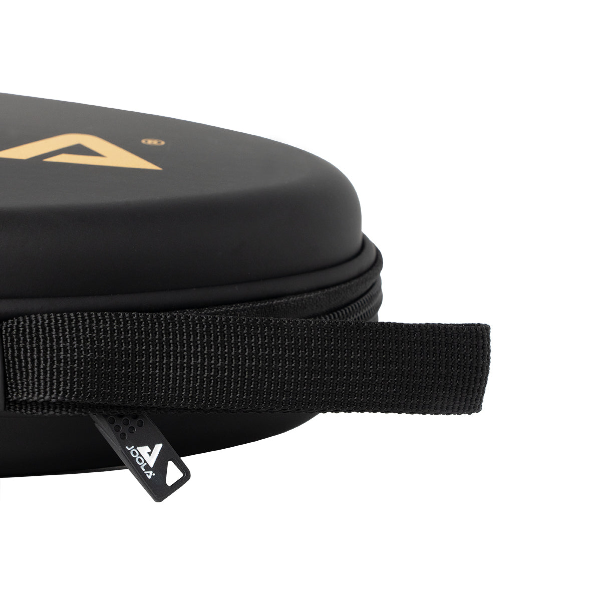 Close up on the handle and zipper detail on the JOOLA TT case, black with gold JOOLA logo.