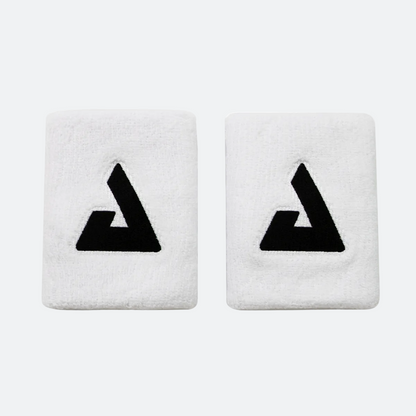Product image of two white JOOLA Trinity Wristbands with the black Trinity logos showing