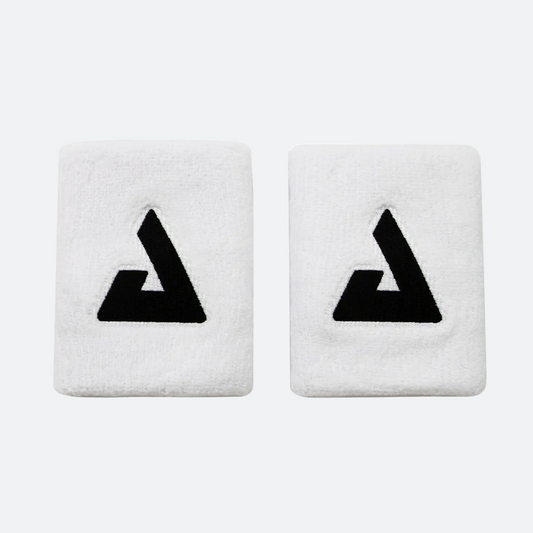 Product image of two white JOOLA Trinity Wristbands with the black Trinity logos showing