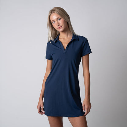 Joola Womens Club Polo Dress in navy, front view on model
