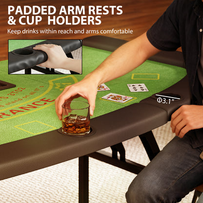 Folding Poker Table - 72" 8-Player Blackjack Table with Cup Holders