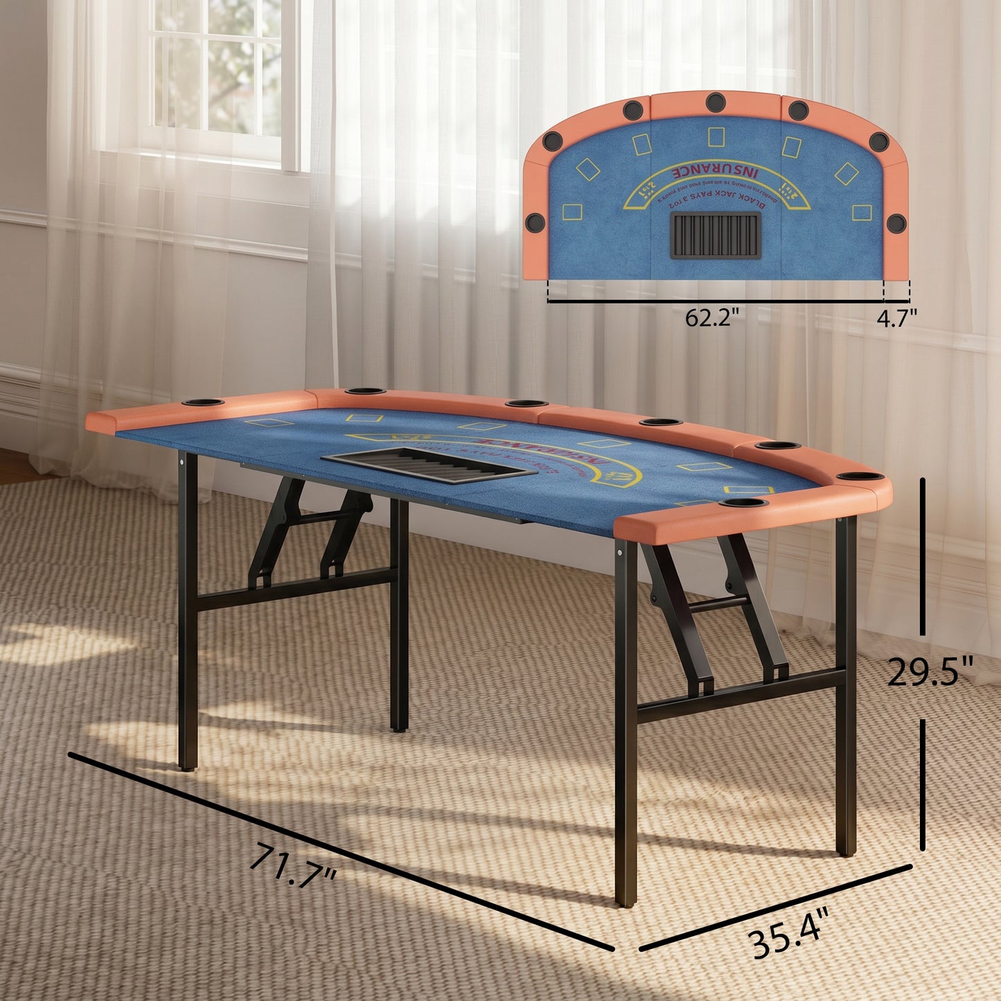 Folding Poker Table - 72" 8-Player Blackjack Table with Cup Holders