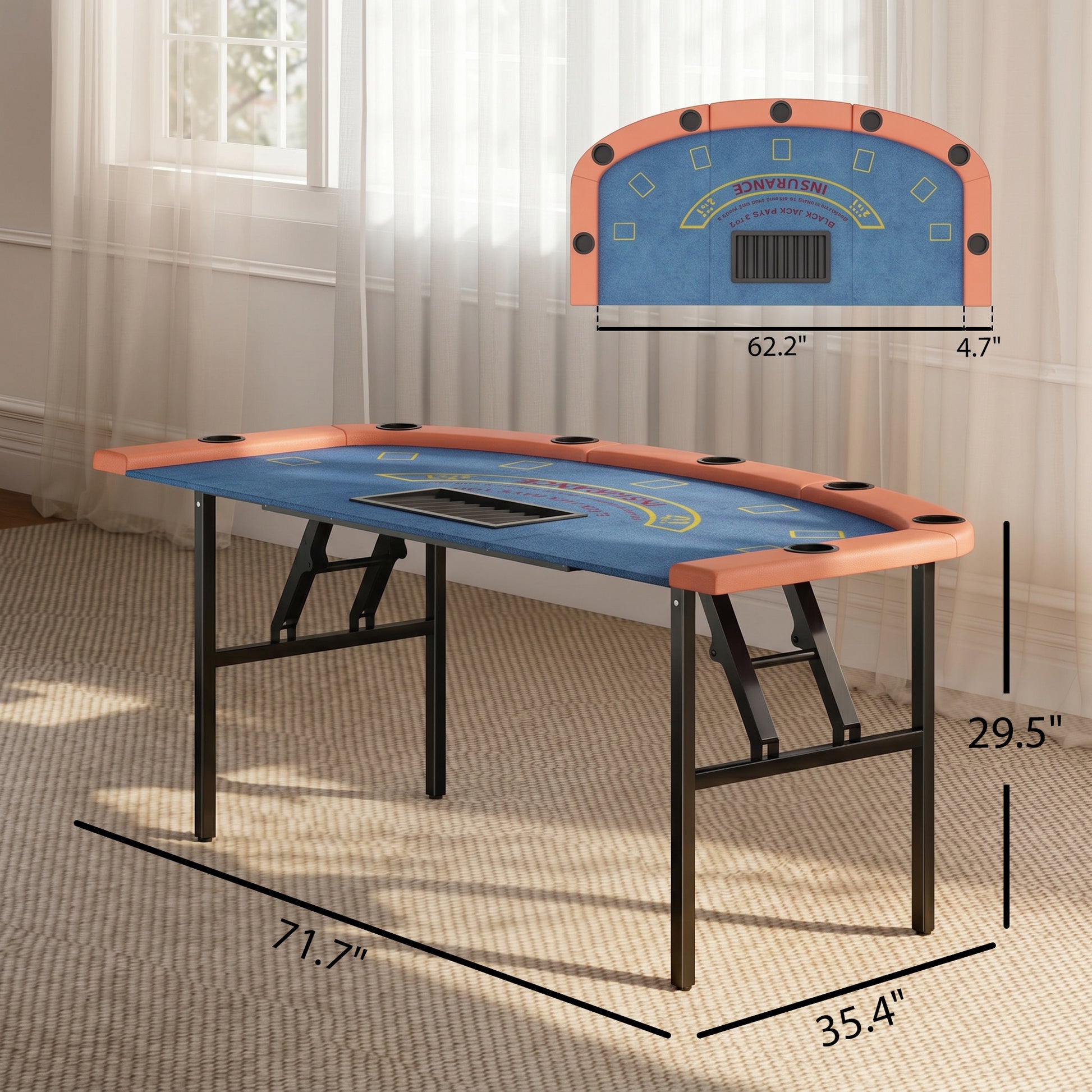 Folding Poker Table - 72" 8-Player Blackjack Table with Cup Holders