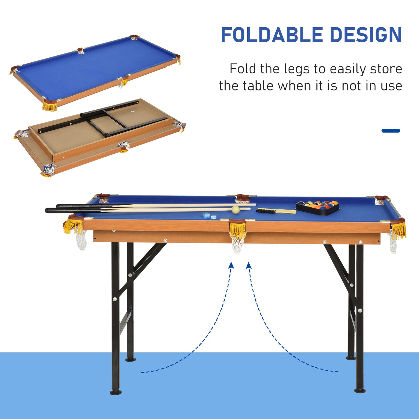 Folding Mini Pool Table, 55" with Cues, Balls & Rack
