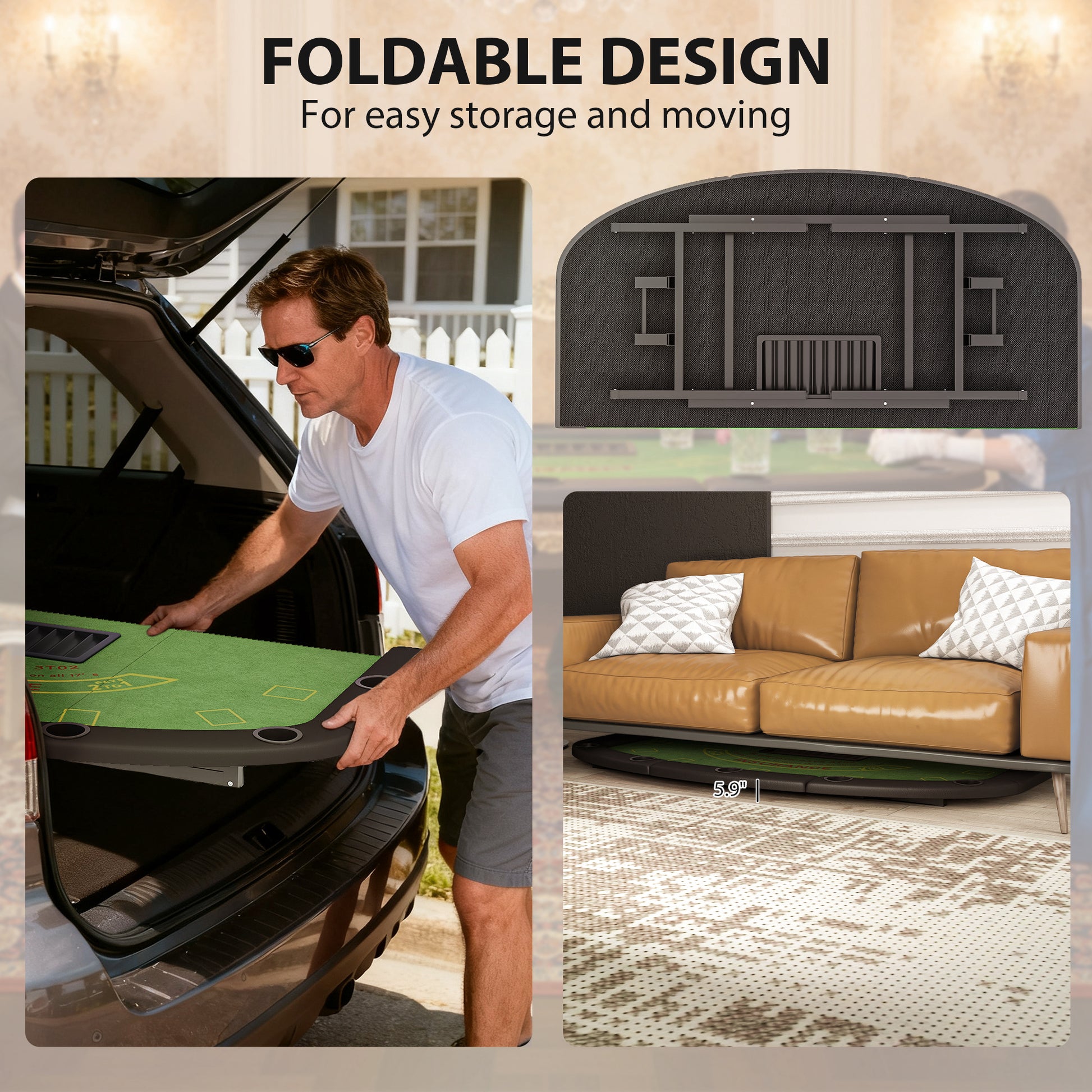 Folding Poker Table - 72" 8-Player Blackjack Table with Cup Holders