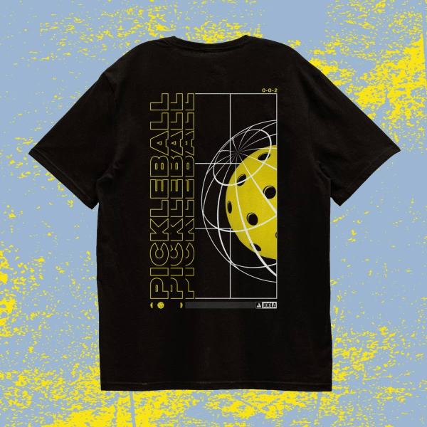 Moving image of a graphic tee shirt with a blue and yellow styled background.