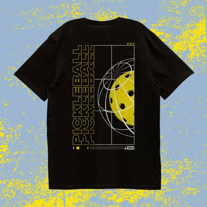 Moving image of a graphic tee shirt with a blue and yellow styled background.