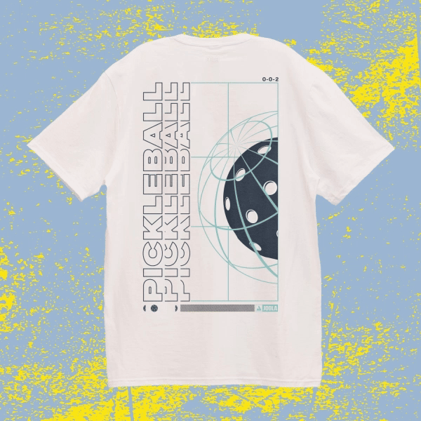 Moving image of a white JOOLA graphic tee with a blue and yellow stlyed background.