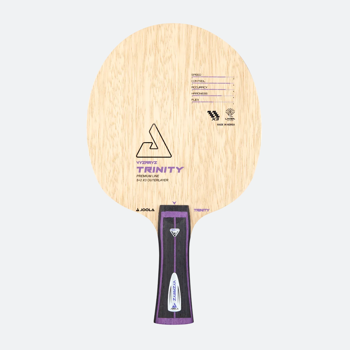 White background image: Product image of the VYARYZ Trinity table tennis blade.
