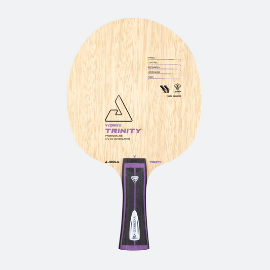 White background image: Product image of the VYARYZ Trinity table tennis blade.
