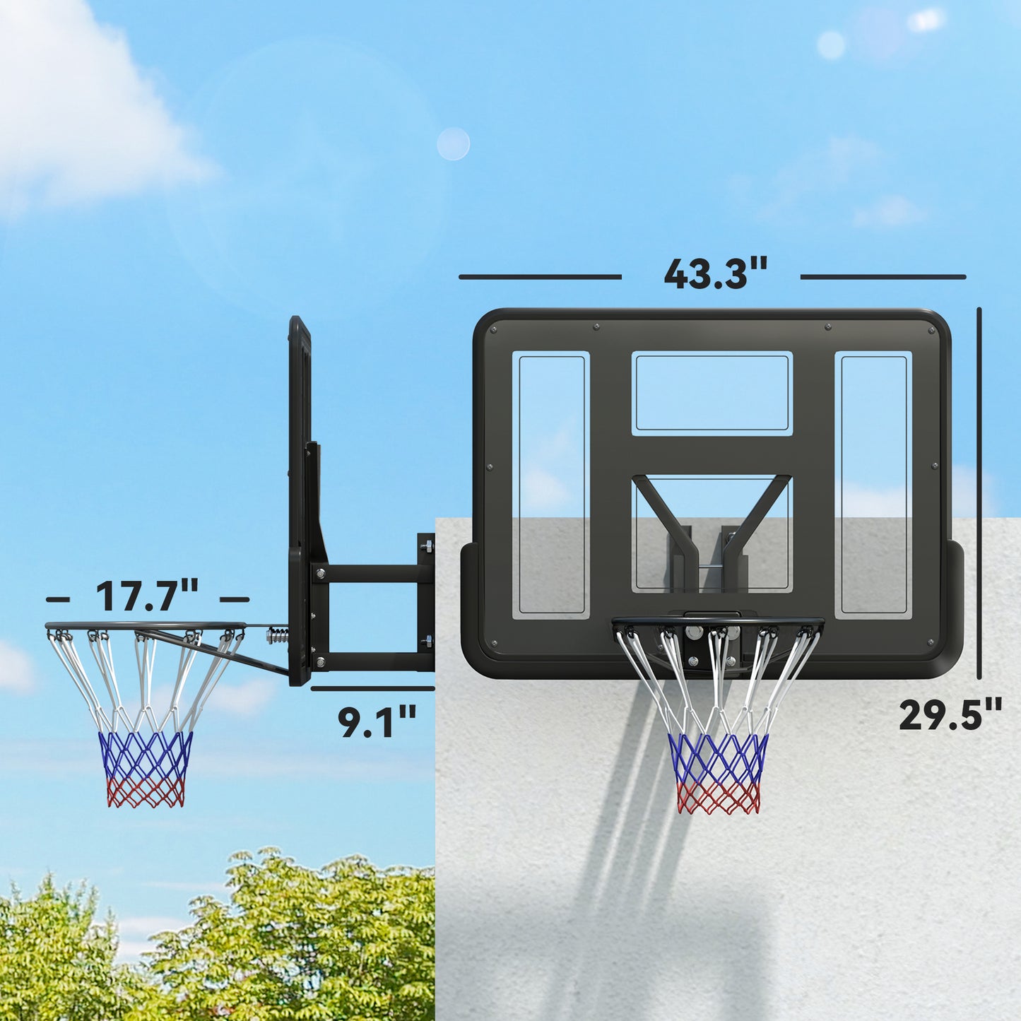 Wall-Mounted Basketball Hoop with 43" Shatterproof Backboard