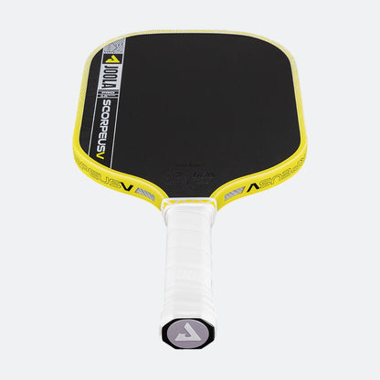 White background, product image of the JOOLA Scorpeus Pro V pickleball paddle with a yellow edge guard and white handle.