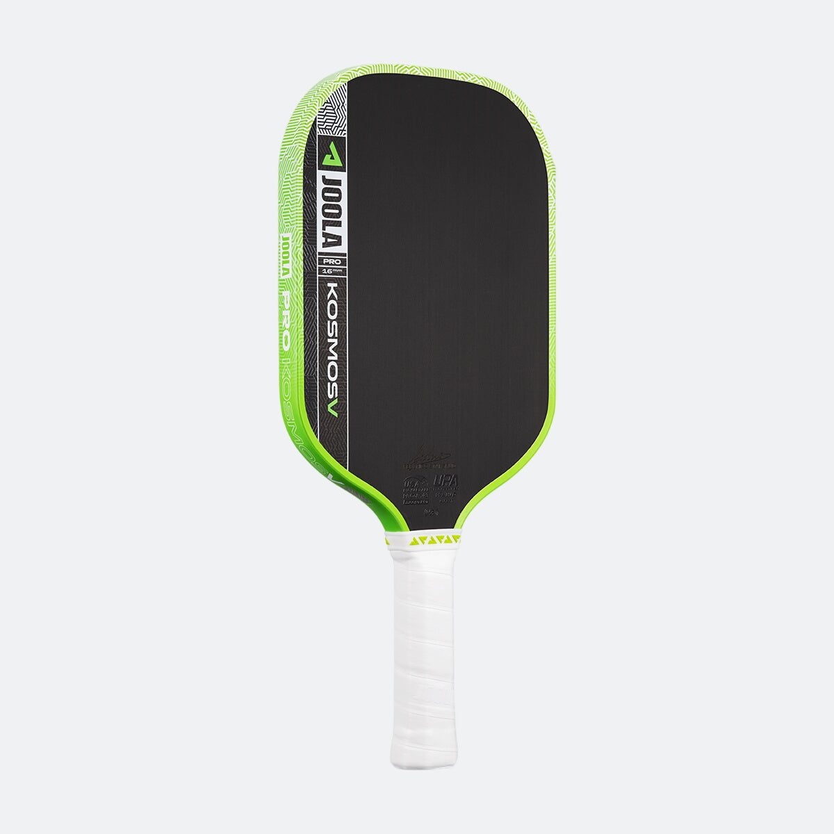 White background, product image of the JOOLA Kosmos Pro V with green edge guard and white handle.