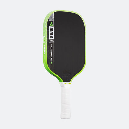White background, product image of the JOOLA Kosmos Pro V with green edge guard and white handle.