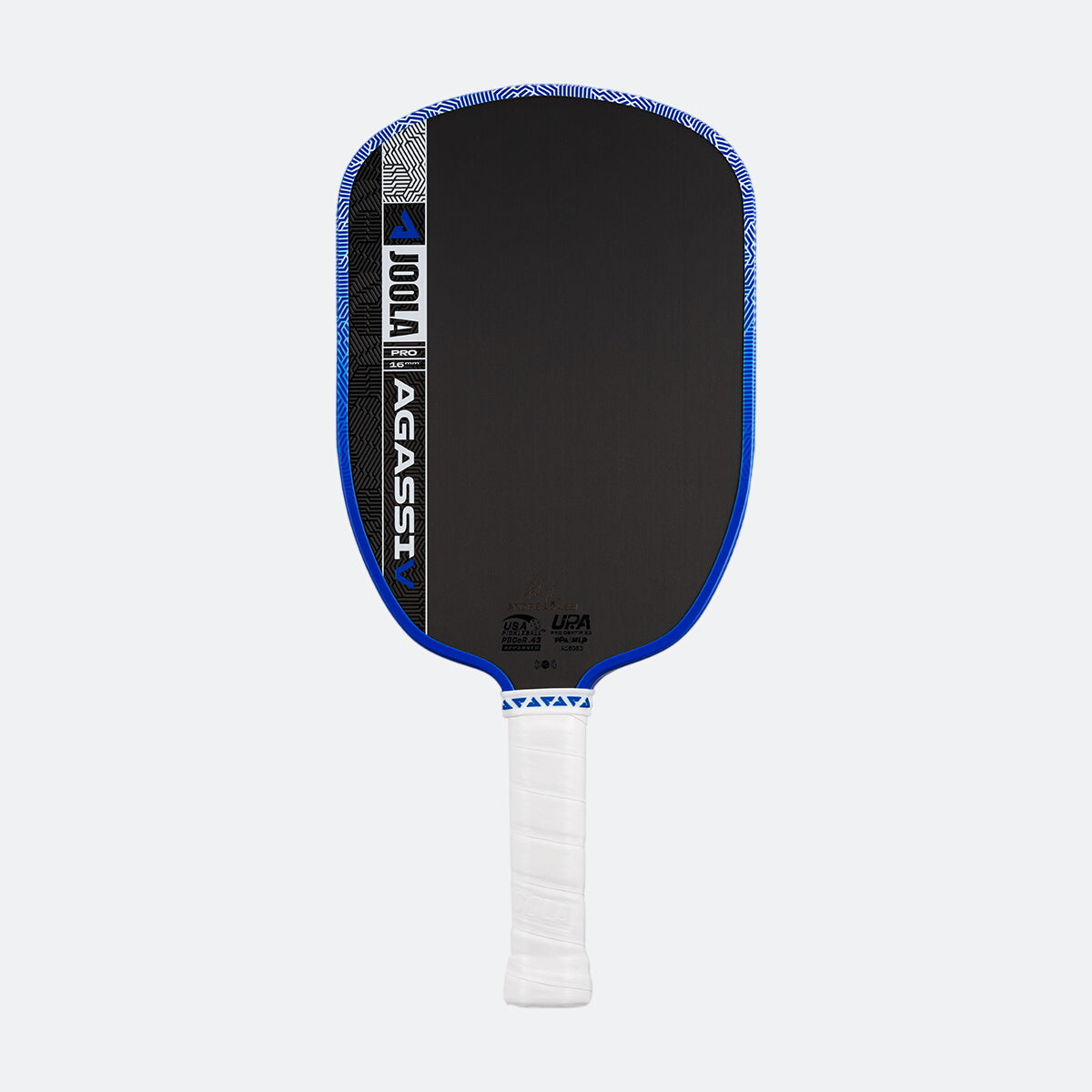 White background photo, image of the Agassi Pro V with blue edge guard and white handle.