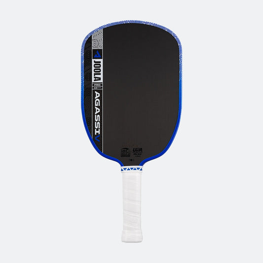 White background photo, image of the Agassi Pro V with blue edge guard and white handle.