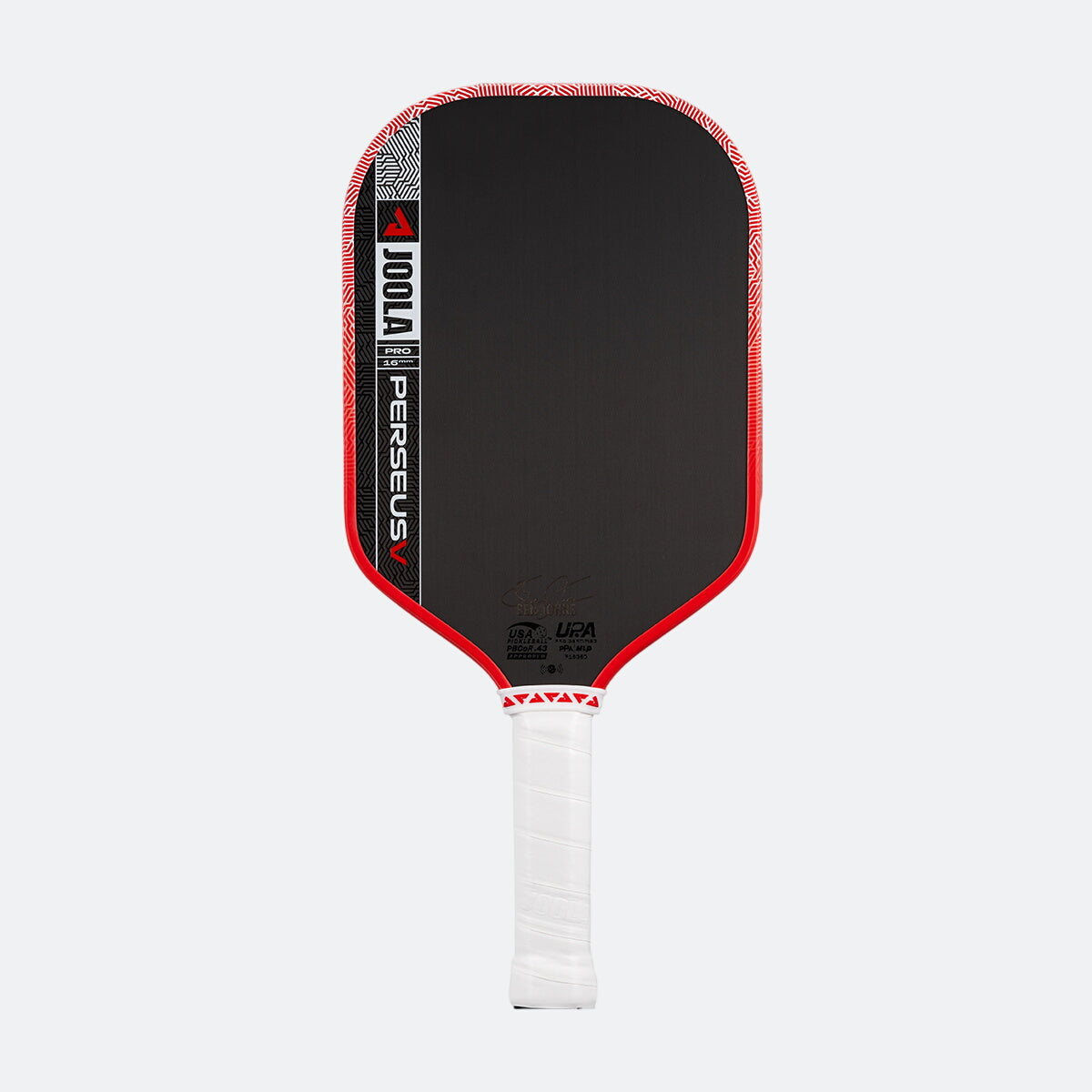Pickleball paddle with black surface, red border, and white handle on a white background