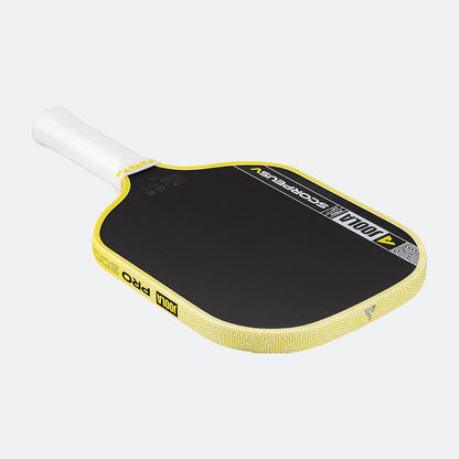 White background, product image of the JOOLA Scorpeus Pro V pickleball paddle with a yellow edge guard and white handle.