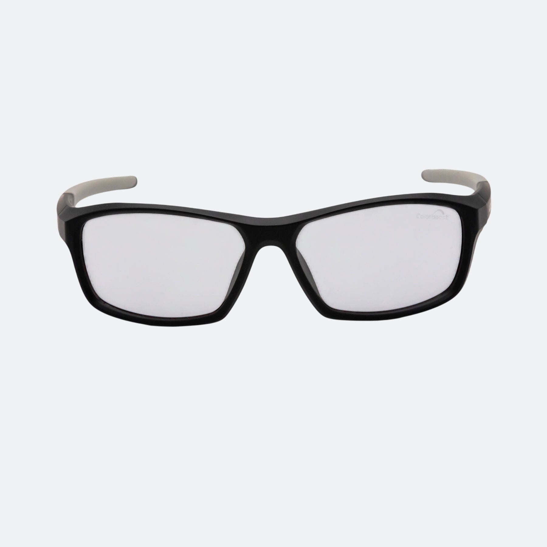 View of the clear lenses of a pair of JOOLA RJX Enhance glasses, matte black.