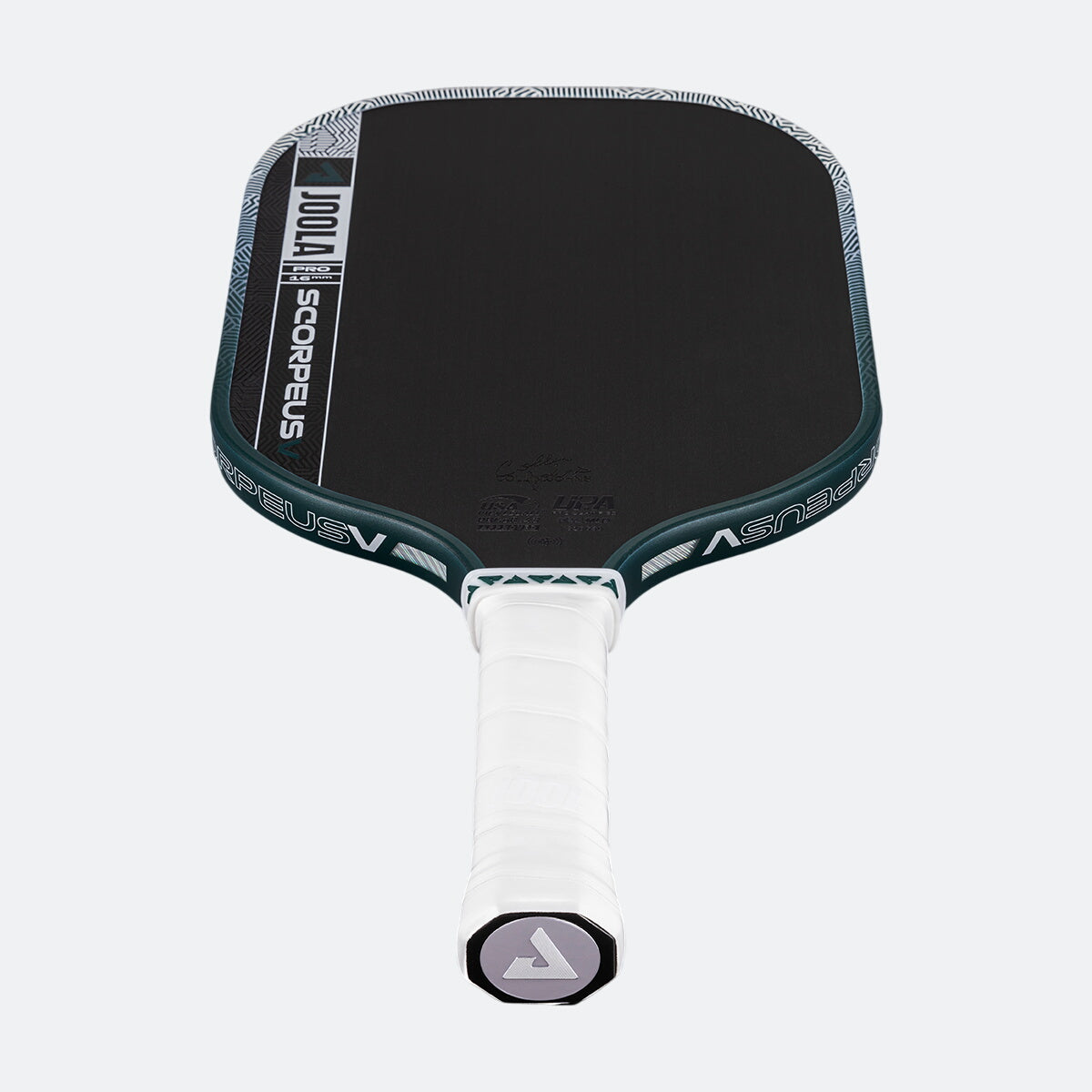 White background, product image of the JOOLA Scorpeus Pro V pickleball paddle with a green edge guard and white handle.