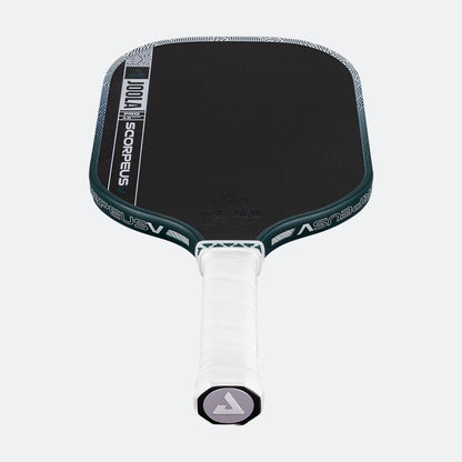 White background, product image of the JOOLA Scorpeus Pro V pickleball paddle with a green edge guard and white handle.