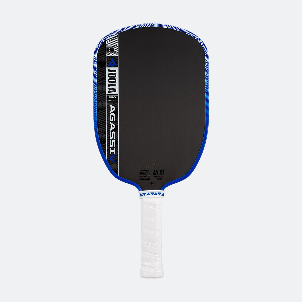 White background, product image of the JOOLA Agassi Pro V pickleball paddle with blue edge guard and white handle.