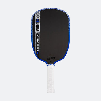 White background, product image of the JOOLA Agassi Pro V pickleball paddle with blue edge guard and white handle.