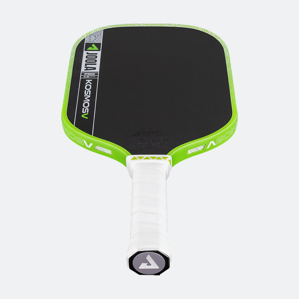 White background, product image of the JOOLA Kosmos Pro V with green edge guard and white handle.