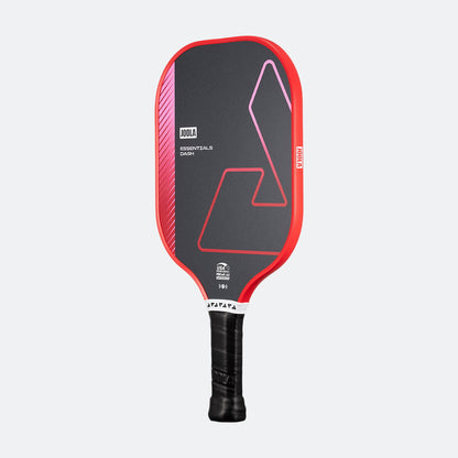 White background, product image of a red JOOLA Essentials Dash pickleball paddle with a black logo.