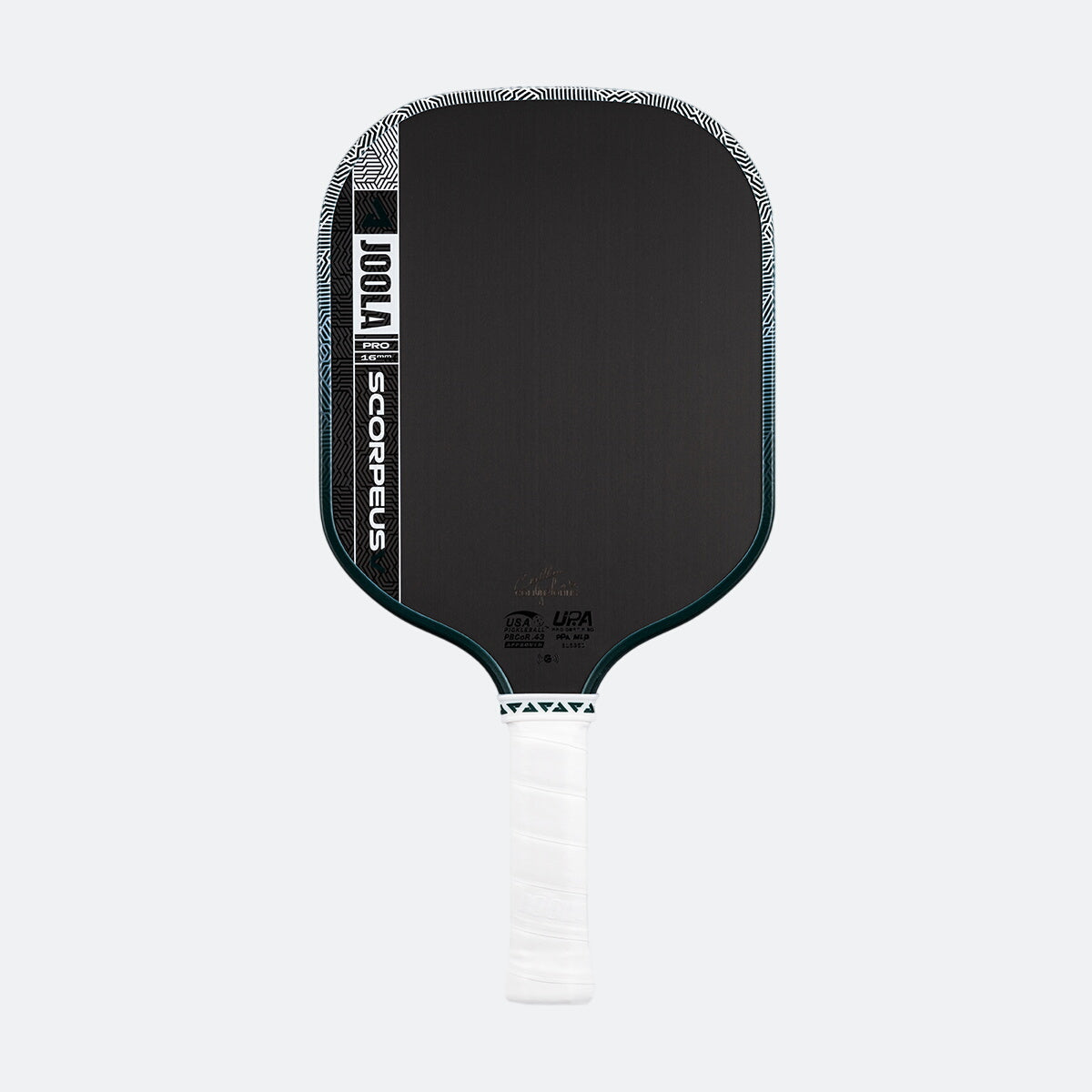White background, product image of the JOOLA Scorpeus Pro V pickleball paddle with a green edge guard and white handle.