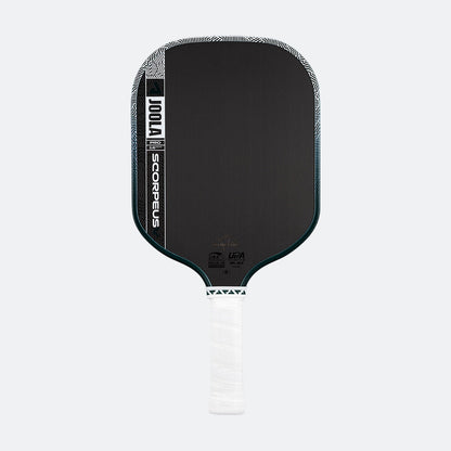 White background, product image of the JOOLA Scorpeus Pro V pickleball paddle with a green edge guard and white handle.