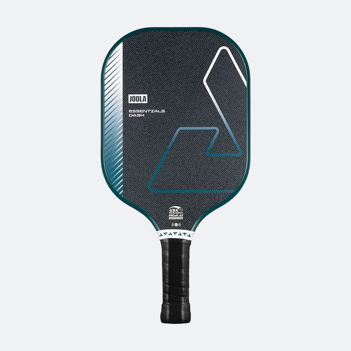 White background, product image of the JOOLA Essentials Dash pickleball paddle with club green edge guard and black handle.