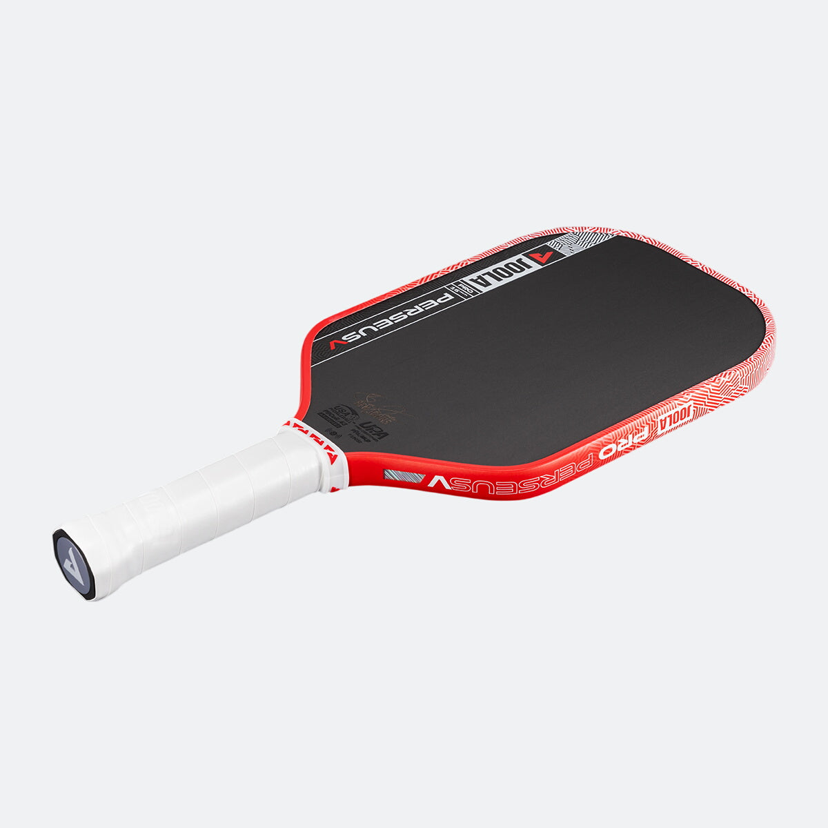 Red and white pickleball paddle on a white background