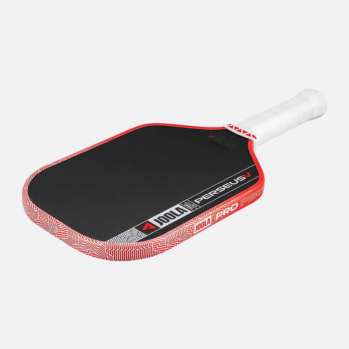 Pickleball paddle with red and black design on a white background