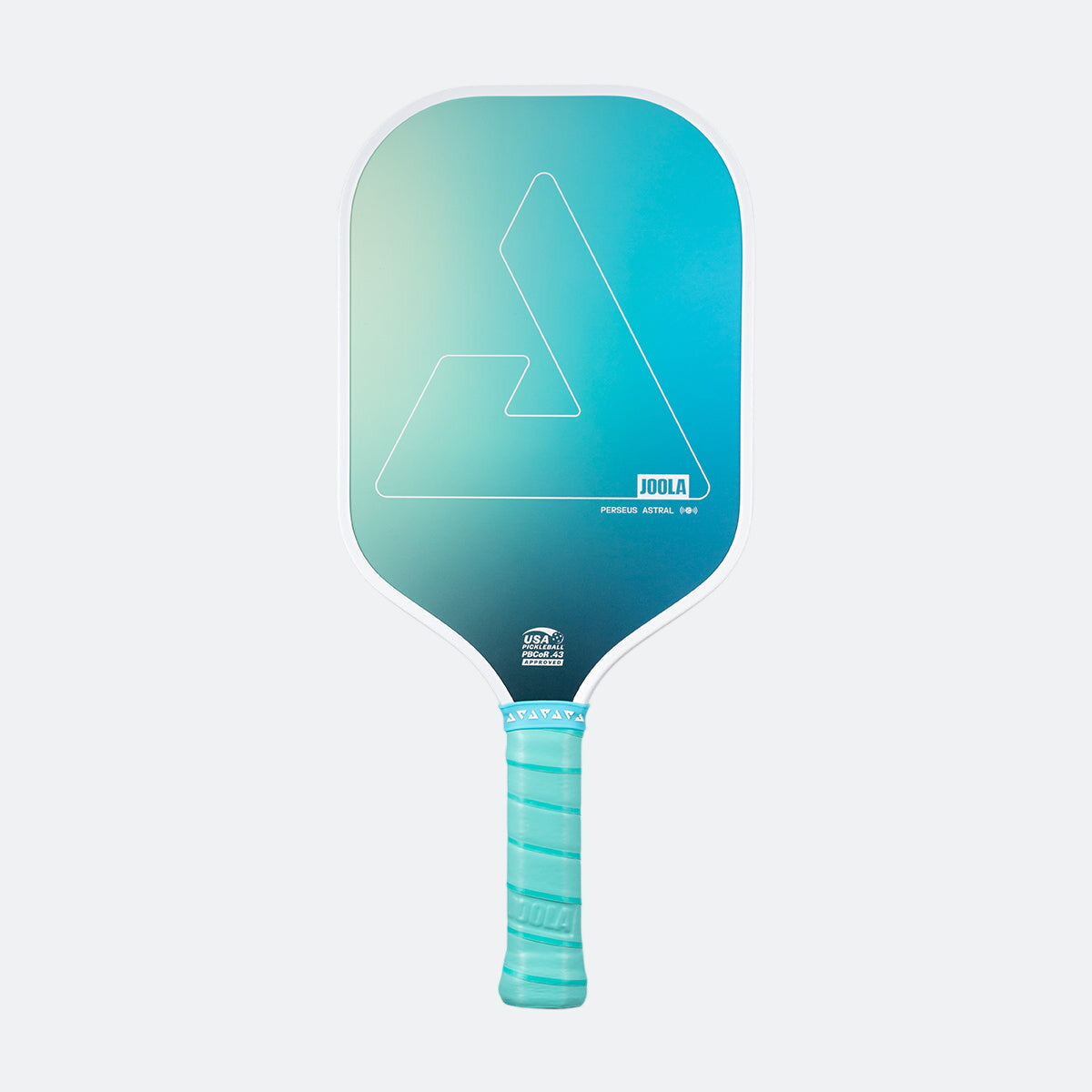White background, product image of the JOOLA Perseus Astral pickleball paddle with teal handle and white edge guard.