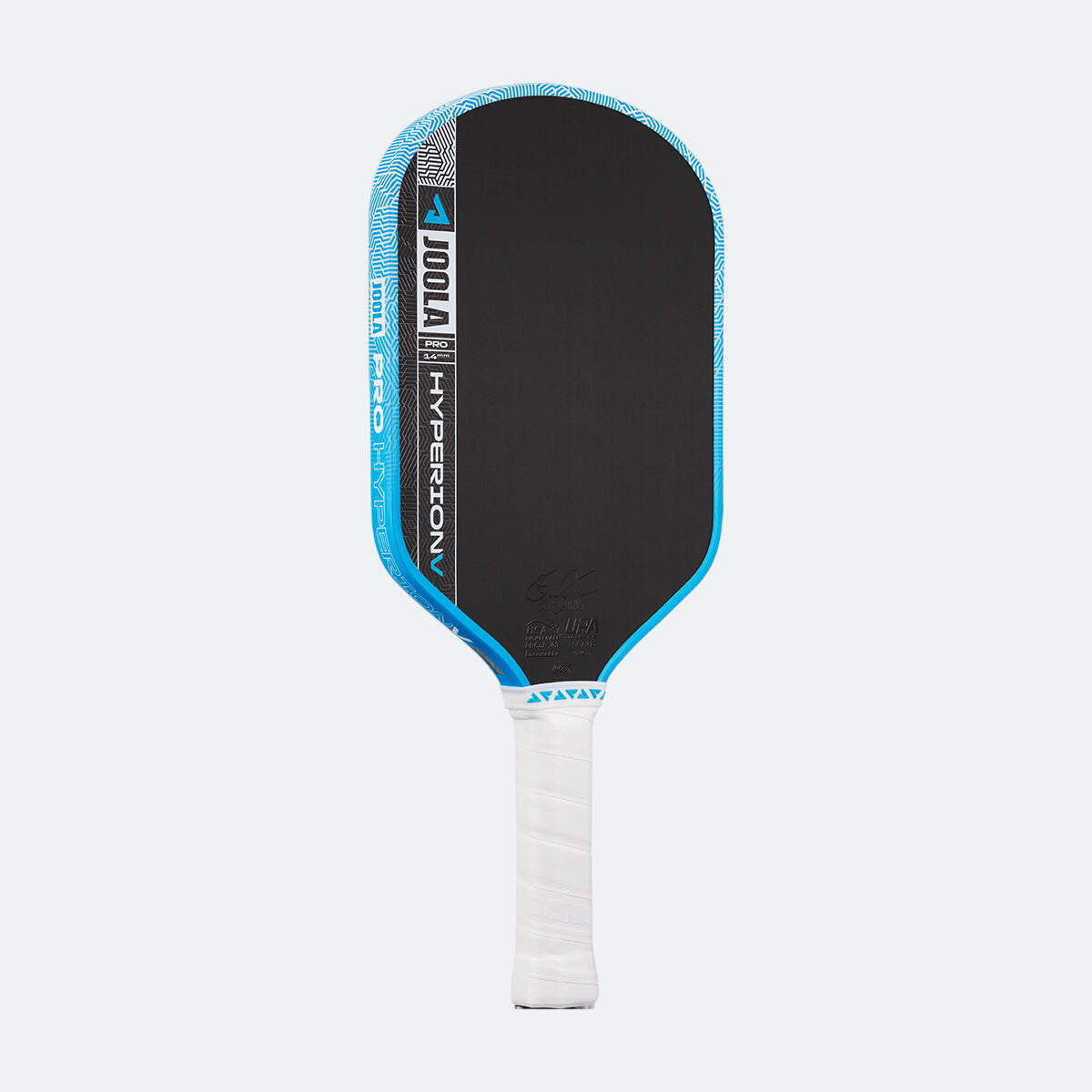 White background, product image of the JOOLA Hyperion Pro V pickleball paddle, white handle, blue edge guard.