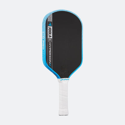 White background, product image of the JOOLA Hyperion Pro V pickleball paddle, white handle, blue edge guard.