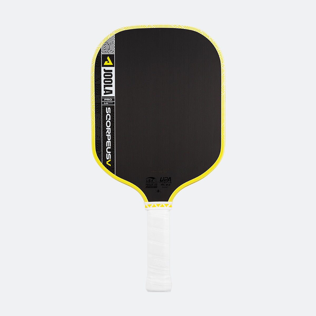 White background, product image of the JOOLA Scorpeus Pro V pickleball paddle with a yellow edge guard and white handle.
