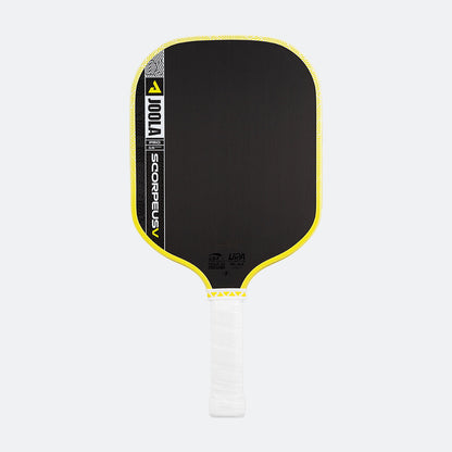 White background, product image of the JOOLA Scorpeus Pro V pickleball paddle with a yellow edge guard and white handle.