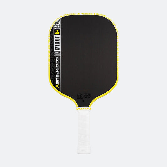 White background, product image of the JOOLA Scorpeus Pro V pickleball paddle with a yellow edge guard and white handle.