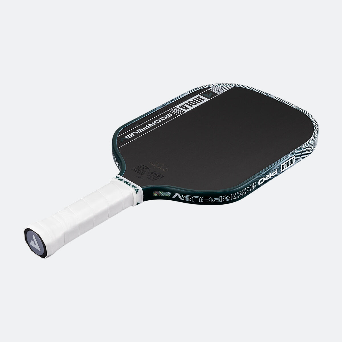 White background, product image of the JOOLA Scorpeus Pro V pickleball paddle with a green edge guard and white handle.
