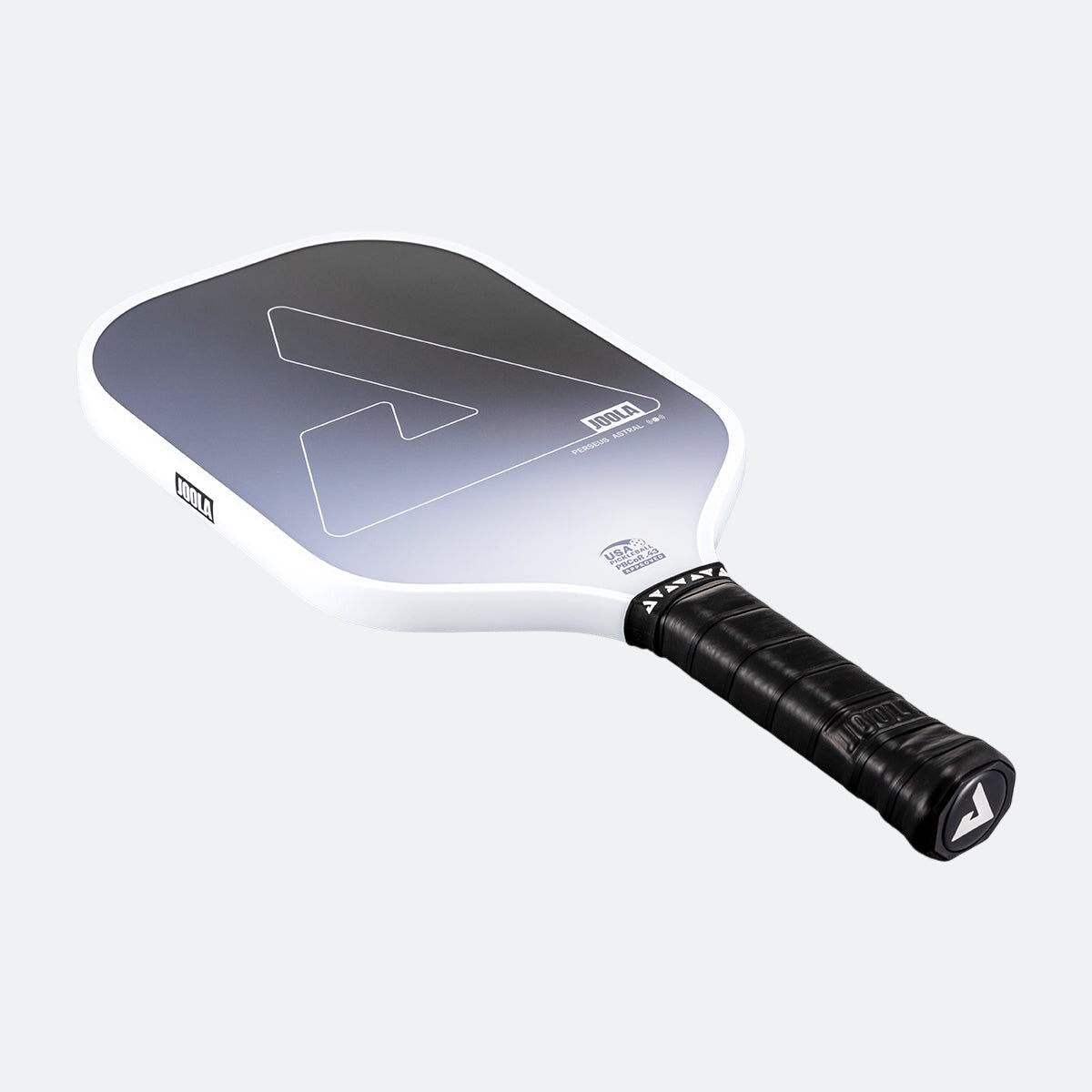 White background, product photo of the JOOLA Perseus Astral pickleball paddle with a black handle and white edge guard.