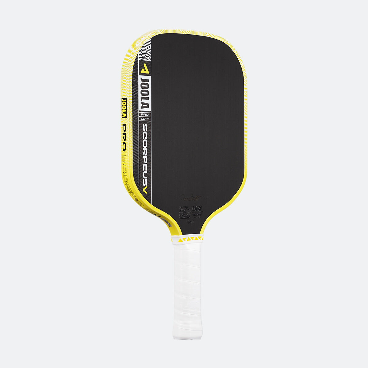 White background, product image of the JOOLA Scorpeus Pro V pickleball paddle with a yellow edge guard and white handle.