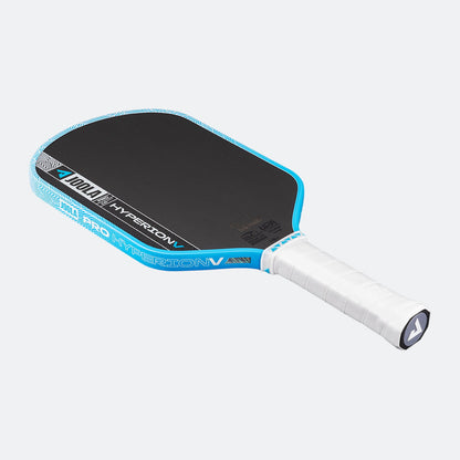 White background, image of the JOOLA Hyperion Pro V pickleball paddle, white handle, blue and white edge guard and black surface.