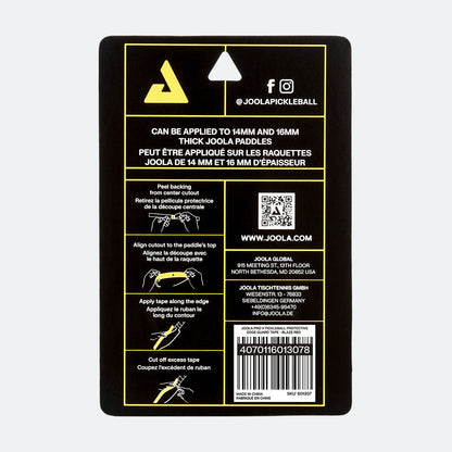 Close up on the detailed application instructions on the back of a JOOLA edge guard tape.