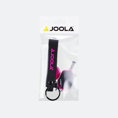 White background, product image of the JOOLA Tyson McGuffin 3S paddle and ball keychain. Pink.