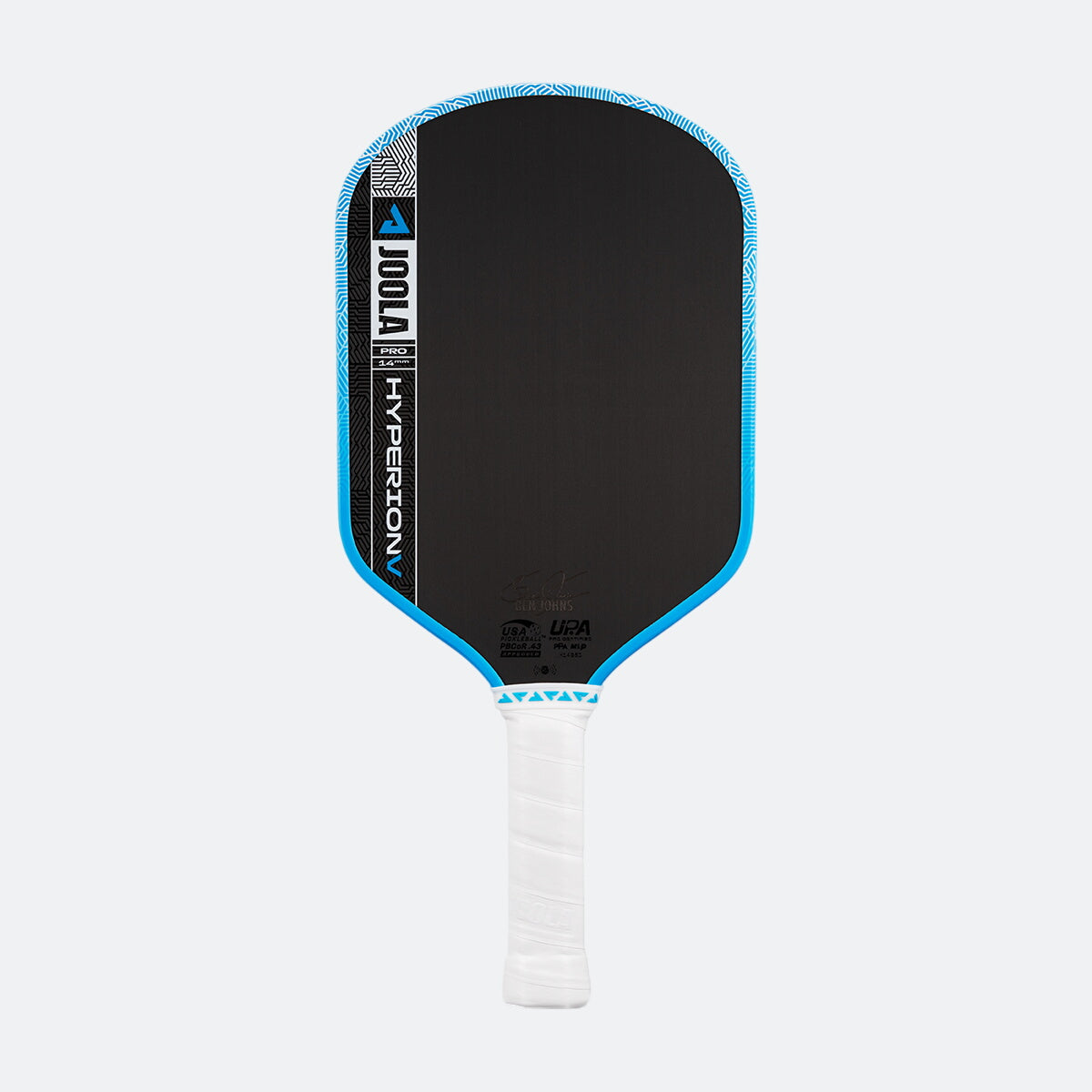 White background, product image of the JOOLA Hyperion Pro V pickleball paddle, white handle, blue edge guard.