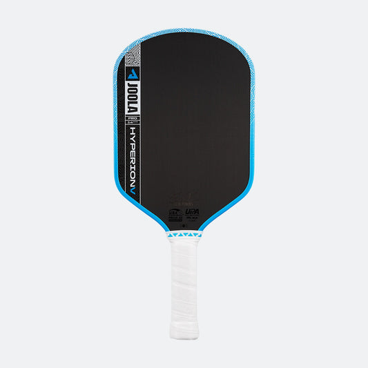 White background, product image of the JOOLA Hyperion Pro V pickleball paddle, white handle, blue edge guard.